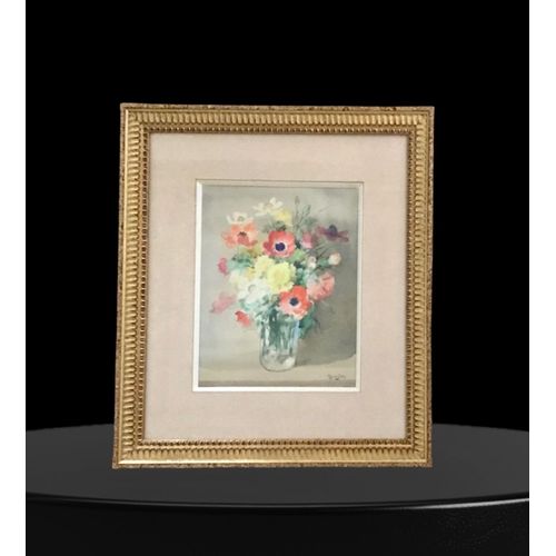 Aquarelle Bouquet Anémones Et Oeillets Marcel Gendre
