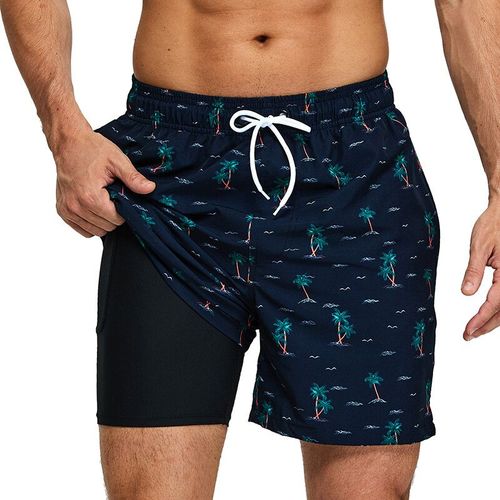 Escatch 2025 Hommes Maillot De Bain Doublure De Compression 2 En 1 Impression Séchage Rapide Sport De Sport Hommes Shorts Poches Zippées-Coconut Tree-L