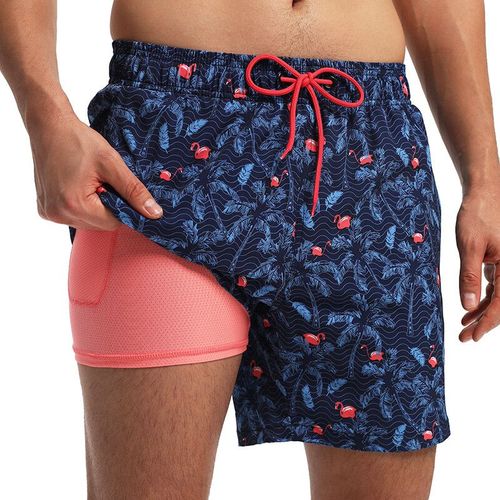 Escatch 2025 Hommes Maillot De Bain Doublure De Compression 2 En 1 Impression Séchage Rapide Sport De Sport Hommes Shorts Poches Zippées-Pink Flamingo-Xxl