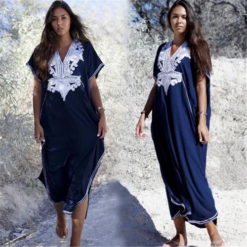 Robe De Plage Brodée En Coton Bleu Marine,Grande Taille,Longue,Cover Up Pour Bikini,Style Européen Et Américain-Marine Bleu-Tous Les Chantiers
