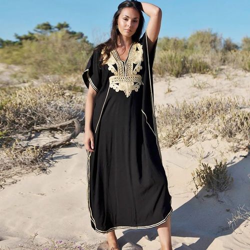 Robe De Plage Brodée En Coton Bleu Marine,Grande Taille,Longue,Cover Up Pour Bikini,Style Européen Et Américain-Black-Tous Les Chantiers