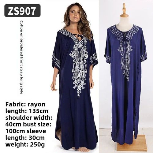 Robe De Plage Brodée En Coton Pour Femmes,Grande Taille,Bikini,Maillots De Bain,Couverture Extérieure,Vêtements De Protection Solaire,Nouvelle Mode-Marine Bleu-Tous Les Chantiers