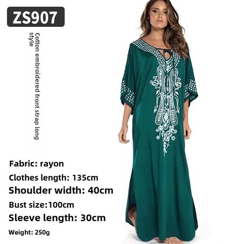 Robe De Plage Brodée En Coton Pour Femmes,Grande Taille,Bikini,Maillots De Bain,Couverture Extérieure,Vêtements De Protection Solaire,Nouvelle Mode-Vert Foncé-Tous Les Chantiers