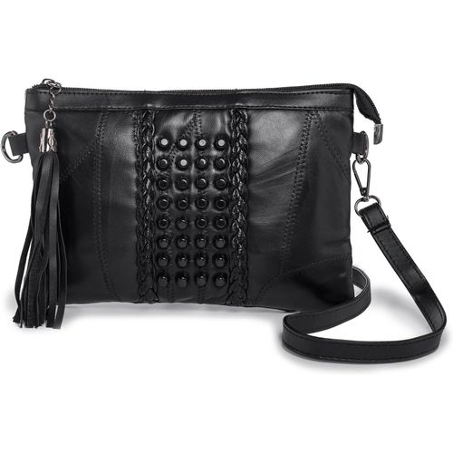 meimieshop-Petit Sac Bandoulière Femme,Sac À Main En Cuir Souple-Pochettes Et Clutches Femme Avec Sangle Et Bracelet-Sac De Frange Clous(Noir)