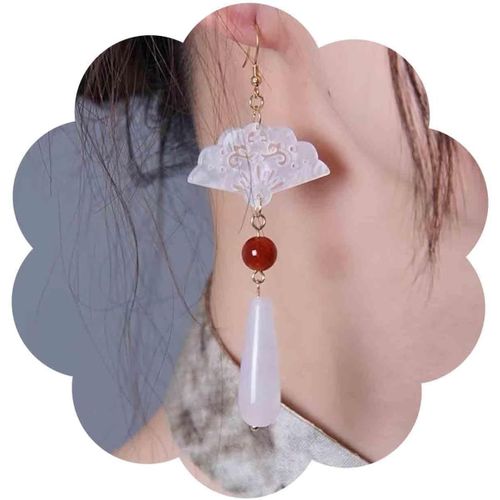 Meimieshop-Boucles D'oreilles Jade Vintage En Forme De Goutte Boucles D'oreilles Acrylique En Forme D'éventail Boucles D'oreilles Minuscules En Perles Rouges Longues Pendantes En Jade Bijoux