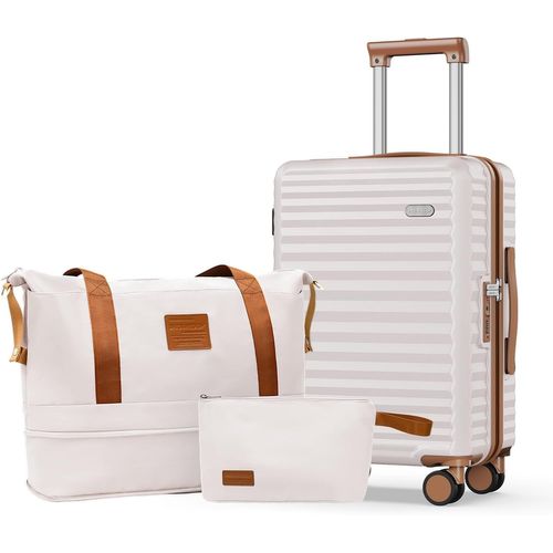 meimieshop-Valise De Voyage Cabine Rigide Légère Durable Polycarbonate Bagages À 4 Roulettes Avec 1 Sac De Voyage Et 1 Trousse De Toilette,MBeige Blanc