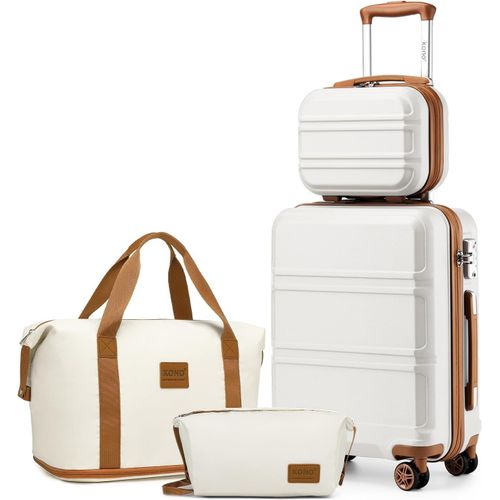 meimieshop-Set De 4 Valises De Voyage Rigide Bagage Cabine 55Cm Avec Portable Vanity Case Et Pliable Sac De Voyage Pour Sport Avec Trousse De Maquillage,Blanc Crème