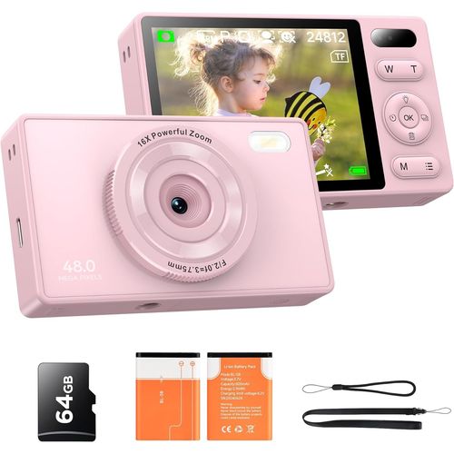 Appareil Photo Numérique Enfant Avec 64Go: 48Mp Caméra Anti-Secousse Photographie Vlogging Caméra Pour Youtube 16X Zoom Numérique Photo Filtration Prise De Vue Continue Autofocus Compacte