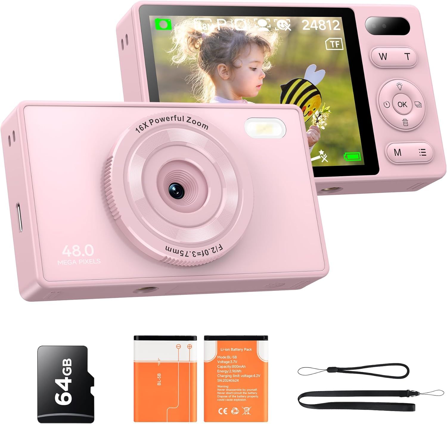 Appareil Photo Numérique Enfant Avec 64Go: 48Mp Caméra Anti-Secousse Photographie Vlogging Caméra Pour Youtube 16X Zoom Numérique Photo Filtration Prise De Vue Continue Autofocus Compacte
