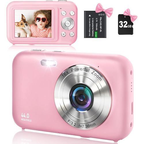 Appareil Photo Numérique Avec Carte Sd 32 Go, Hd 1080p 44 Mp, Appareil Photo, Appareil Photo Numérique Lcd Rechargeable Avec Zoom Numérique 16x Pour Enfants, Adultes (Rose)