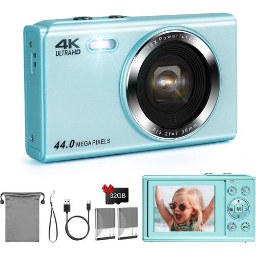Appareil Photo Numérique 1080P Fhd 44 Mp Pour Enfants Avec Carte Sd De 32 Go, Zoom Numérique 16X Avec 2 Piles, Écran Lcd De 2,4"", Mini Caméra Pour Enfants, Garçons, Filles, Adolescents - Bleu