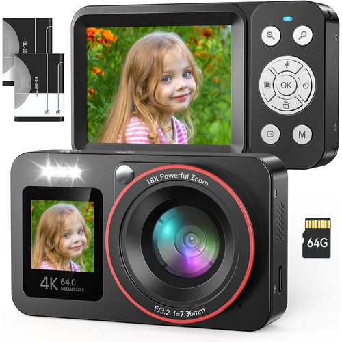 4K 64Mp Fhd Appareil Photo Numérique 18X Zoom Digital Camera Appareil Photo Compact Portable Avec 2 Écran Carte Sd De 64 Go Pour Étudiant Adulte Débutant Cadeau, Noir