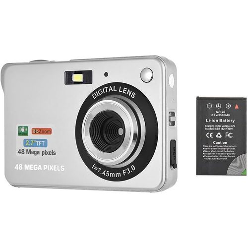 18M 720P Hd Appareil Photo Numérique Caméscope Avec 2Pcs Batteries Rechargeables 8X Zoom Numérique Anti-Shake 2.7Inch Écran Lcd Enfants Cadeau De Noël (Argent)