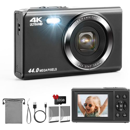Appareil Photo Numérique 1080P Fhd 44 Mp Pour Enfants Avec Carte Sd De 32 Go, Zoom Numérique 16X Avec 2 Piles, Écran Lcd De 2,4"", Mini Caméra Pour Enfants, Garçons, Filles, Adolescents - Noir