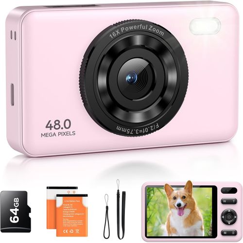 Appareil Photo Numérique Avec Carte De 64 Go Autofocus 2,7 K 48 Mp Appareil Photo Pour Enfants Avec Zoom 16X Anti-Secousses, 2 Piles, Compact Et Portable, Petit Appareil Photo Numérique Pour Enfants,