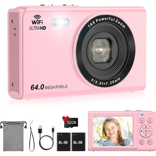 Appareil Photo Numérique 4K Fhd 64 Mp Pour Enfants Avec Carte Sd De 32 Go, Zoom Numérique 16X Avec 2 Piles, Mini Caméra À Écran Lcd De 2,8"" Pour Enfants, Garçons, Filles, Adolescents - Rose
