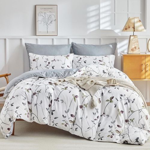 Parure De Lit 3 Pièces Avec Housse De Couette De 200 X 200 Cm Et 2 Taies D'oreiller De 80 X 80 Cm À Fermeture Éclair, Motif Branche Florale, Blanc/Gris