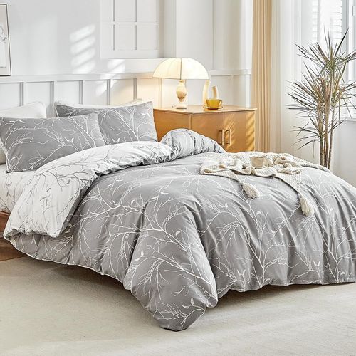 Parure De Lit 4 Pièces Housse De Couette 240x260cm + Drap Housse 160x200cm Avec 2 Taies D'oreillers 65x65cm En Microfibre, Motifs De Branches Et De Feuilles, Gris Blanc