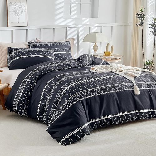 Housse De Couette 220x240 Avec 2 Taies D'oreiller 65x65 Cm - Design Bohémien - Parure De Lit 220x240 Adulte Cm - Housse Couette Avec Fermetures Éclair, Noir