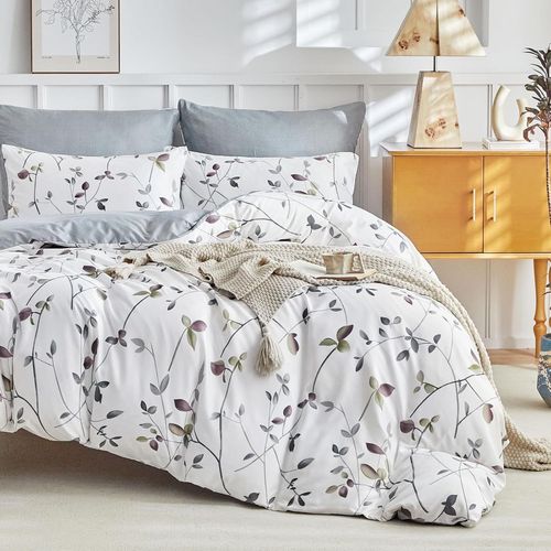Parure De Lit 3 Pièces En Microfibre Pour Lit De 180 Cm Avec Housse De Couette De 260 X 240 Cm Et 2 Taies D'oreiller De 65 X 65 Cm, Motif De Branches Et Feuilles, Blanche/Gr
