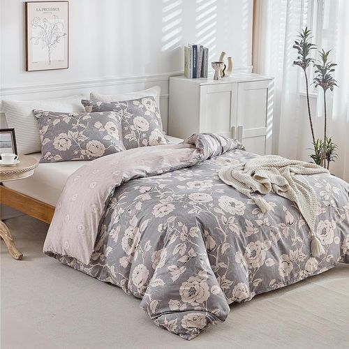 Housse De Couette 200x200 Avec 2 Taies D'oreiller 65x65 Cm - Fleur De Pivoine Beige Design - Parure De Lit 200x200 Cm - 100% Microfibre Parure Couette Fermetures Éclair, Gris