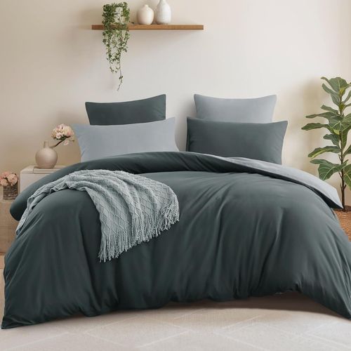Housse De Couette 200x200 Réversible - Parure De Lit Bicolore 200 X 200 Adulte 2 Personnes Avec Fermeture Éclair, Parure Housse Couette Avec 2 Taies D'oreiller 65x65, Anthracite Et Gris Clair