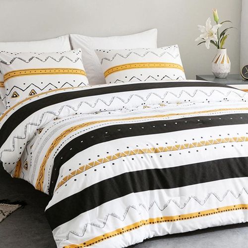 Housse De Couette 220x240 Avec 2 Taies D'oreiller 65x65 Cm - Design Bohémien - Parure De Lit 220x240 Adulte Cm - Housse Couette Avec Fermetures Éclair, Jaune Noir Rayures