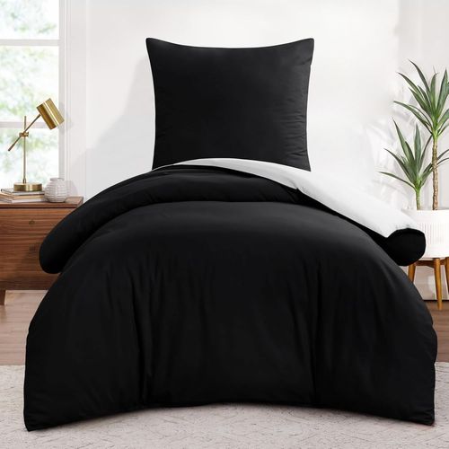 Housse De Couette 140x200 Réversible - Parure De Lit Bicolore 140 X 200 Adulte 1 Personne Avec Fermeture Éclair, Parure Housse Couette Avec 1 Taie D'oreiller 65x65, Microfibre, Noir Et Blanc