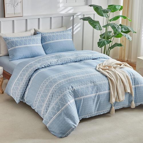 Parure De Lit 4 Pièces Housse De Couette 220x240cm + Drap Housse 160x200cm Avec 2 Taies D'oreillers 65x65cm En Microfibre, Design Bohémien, Bleu