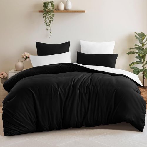 Housse De Couette 240x260 Réversible - Parure De Lit Bicolore Adulte 2 Personnes Avec Fermeture Éclair, Parure Housse Coutte Microfibre 260 X 240 Avec 2 Taie Oreiller 65x65, Noir Et Blanc