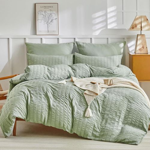 Parure De Lit 3 Pièces En Tissu Seersucker En Microfibre Texturée, Avec Housse De Couette Zippée 200 X 200 Cm Et 2 Taies D`Oreiller Zippés De 80 X 80 Cm, Vert Sauge