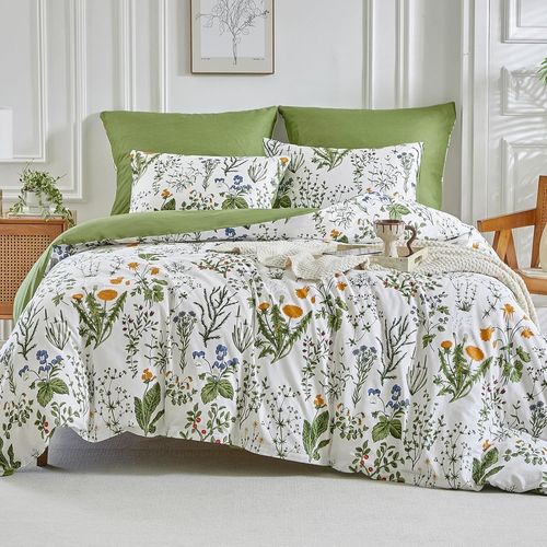 Parure De Lit 3 Pièces En Coton Pour Lit De 135/150 Cm Avec Housse De Couette De 240 X 220 Cm Et 2 Taies D'oreiller De 50 X 75 Cm, Motif De Branches Et Feuilles, Verte/Blanche