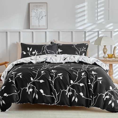 Housse De Couette 220x240 Avec 2 Taies D'oreiller 65x65 - Parure De Lit 220x240 Adulte Motifs De Branches Et De Feuilles - 100% Microfibre Parure Couette Avec Fermetures Éclair, Noir Blanc