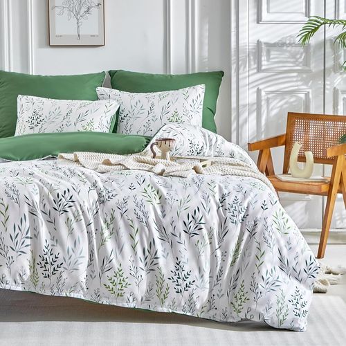 Parure De Lit 3 Pièces En Microfibre Douce Avec Housse De Couette Et Taies D'oreiller Pour Lit Double, Motif Petites Feuilles Vertes, 200 X 200 Cm, Blanc/Plante