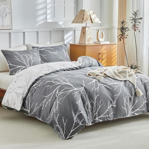 Parure De Lit De Très Grande Taille Avec Imprimé Branches Botaniques Gr S,1 Housse De Couette, 2 Taies D'oreiller, En Microfibre, 260 X 220 Cm, Gris