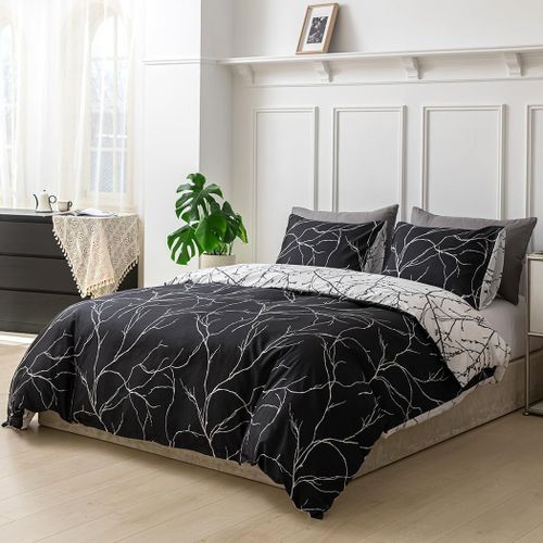 Housse De Couette 220x240 Avec 2 Taies D'oreiller 65x65 Cm - Motif De Branche Réversible - Parure De Lit 220x240 Adulte - 100% Microfibre Parure Couette Avec Fermetures Éclair, Noir Blanc