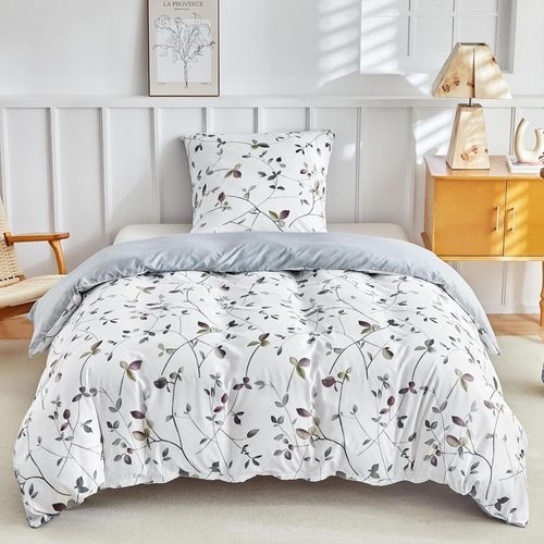 Housse De Couette 140x200 Avec 1 Taies D'oreiller 65x65 Cm - Motifs De Branches Et De Feuilles - Parure De Lit 140x200 Cm - 100% Microfibre Parure Couette Fermetures Éclair, Blanc Gris