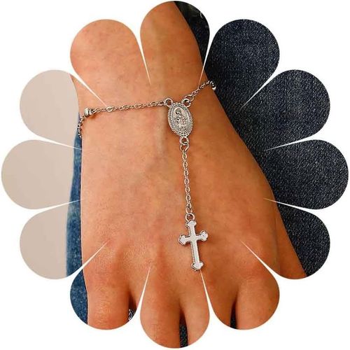 Asas456-Bracelet De Chaîne De Croix De Boho Bracelet De Croix De Pièce D¿Or Chaîne De Main Bracelet De Chaîne De Perles Bracelet De Pendentif De Croix Pièce Monnaie Bracelet Perles Croix Chapelet