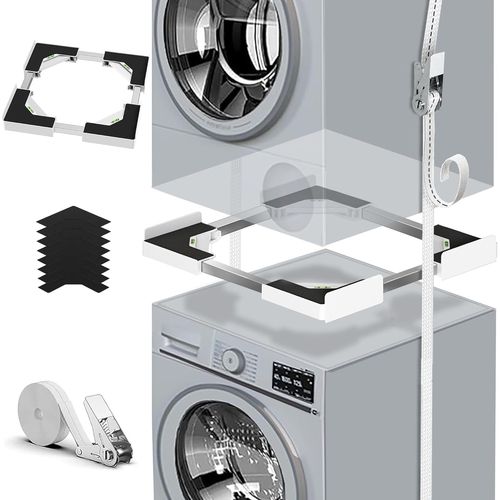 asas456-Kit D'Empilage Universel Machine À Laver & Sèche-Linge|Cadre Réglable 45-68Cm/17.7-26.8" Avec Sangle À Cliquet Renforcée|Anti-Vibration & Installation Sans Perçage