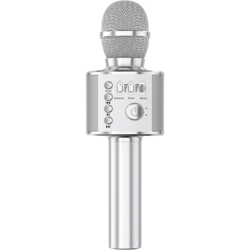 Asas456-Drsyxcs Enfants Sans Fil Karaoké Microphone 3 En 1 Portable Portable Bluetooth Microphone Haut-Parleur Lecteur Enregistreur Changeur De Son Garçon Fille Adulte Noël Anniversaire Chant Jouet(Argent)