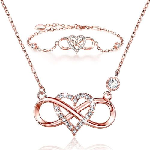 Asas456-Parures Pour Femme En Or Blanc Rosa Argent 925/1000 Oxyde De Zirconium Fluer C?ur Infini Amour Collier Et Bracelet Cadeau Pour Femme Fille