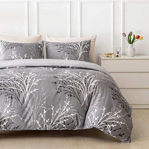 Housse De Couette 220x240 Avec 2 Taies D'oreiller 65x65 Cm - Motifs De Branches Et De Feuilles - Parure De Lit 220x240 Cm - Housse Couette Avec Fermetures Éclair, Gris