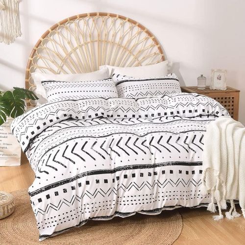 Housse De Couette 220x240 Avec 2 Taies D'oreiller 65x65 Cm - Design Bohémien - Parure De Lit 220x240 Adulte Cm - Housse Couette Avec Fermetures Éclair, Blanche Avec Lignes Noir