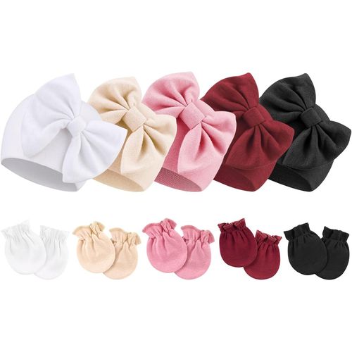 Bonnets De Naissance Et Moufles De Protection Coton - 5 Pcs Bonnets Coordonnés Et 5 Paires Mitaines Scratch De Protection Child Bébé Fille Garçon