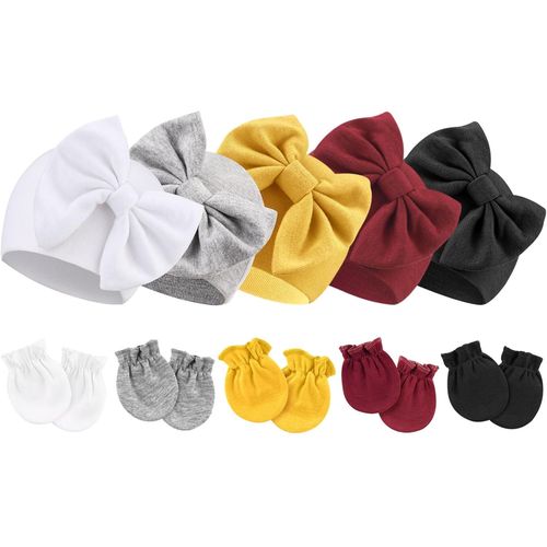Bonnets De Naissance Et Moufles De Protection Coton - 5 Pcs Bonnets Coordonnés Et 5 Paires Mitaines Scratch De Protection Child Bébé Fille Garçon