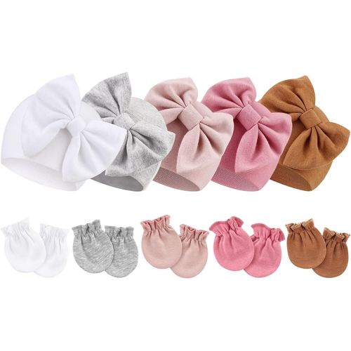 Bonnets De Naissance Et Moufles De Protection Coton - 5 Pcs Bonnets Coordonnés Et 5 Paires Mitaines Scratch De Protection Child Bébé Fille Garçon