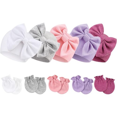 Bonnets De Naissance Et Moufles De Protection Coton - 5 Pcs Bonnets Coordonnés Et 5 Paires Mitaines Scratch De Protection Child Bébé Fille Garçon