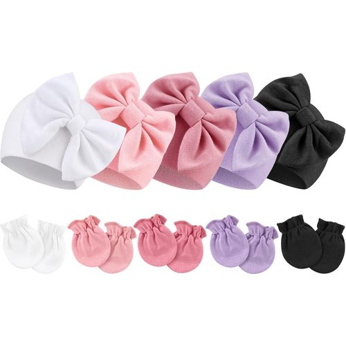 Bonnets De Naissance Et Moufles De Protection Coton - 5 Pcs Bonnets Coordonnés Et 5 Paires Mitaines Scratch De Protection Child Bébé Fille Garçon