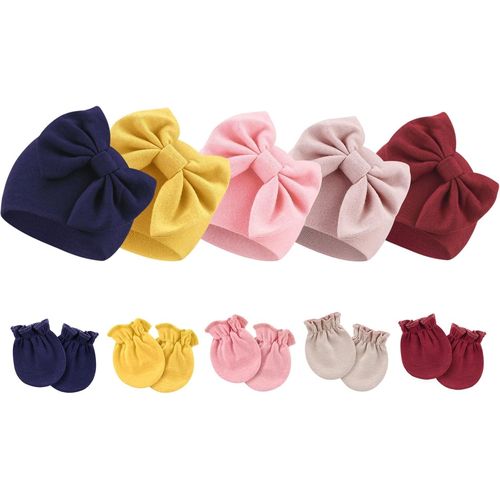 Bonnets De Naissance Et Moufles De Protection Coton - 5 Pcs Bonnets Coordonnés Et 5 Paires Mitaines Scratch De Protection Child Bébé Fille Garçon