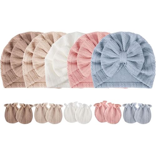 Bonnets De Naissance Et Moufles De Protection Coton - 5 Pcs Bonnets Coordonnés Et 5 Paires Mitaines Scratch De Protection Child Bébé Fille Garçon